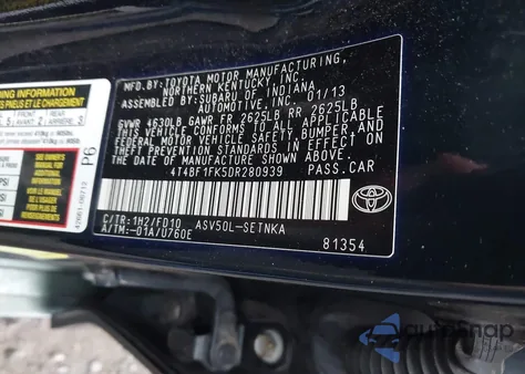 2013 Toyota Camry Le z USA, uszkodzony, nr VIN 4T4BF1FK5DR280939